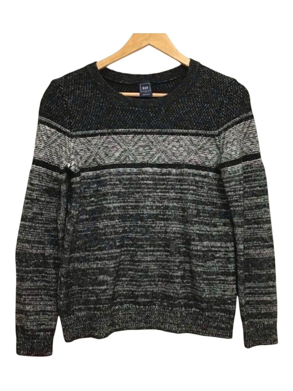 2/40$ GAP knit sweater fair isle warm grey black fall winter wool small petite